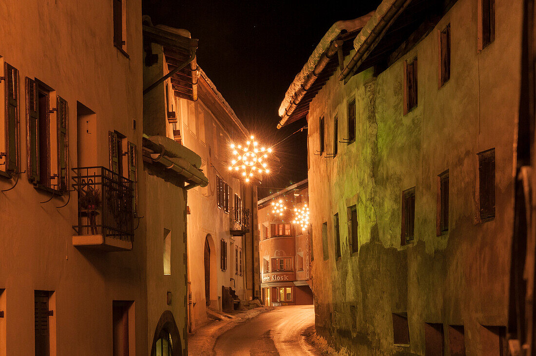 Christmas decorations in the village of Santa Maria in the Valley of Muestair, canton of Grison, Switzerland