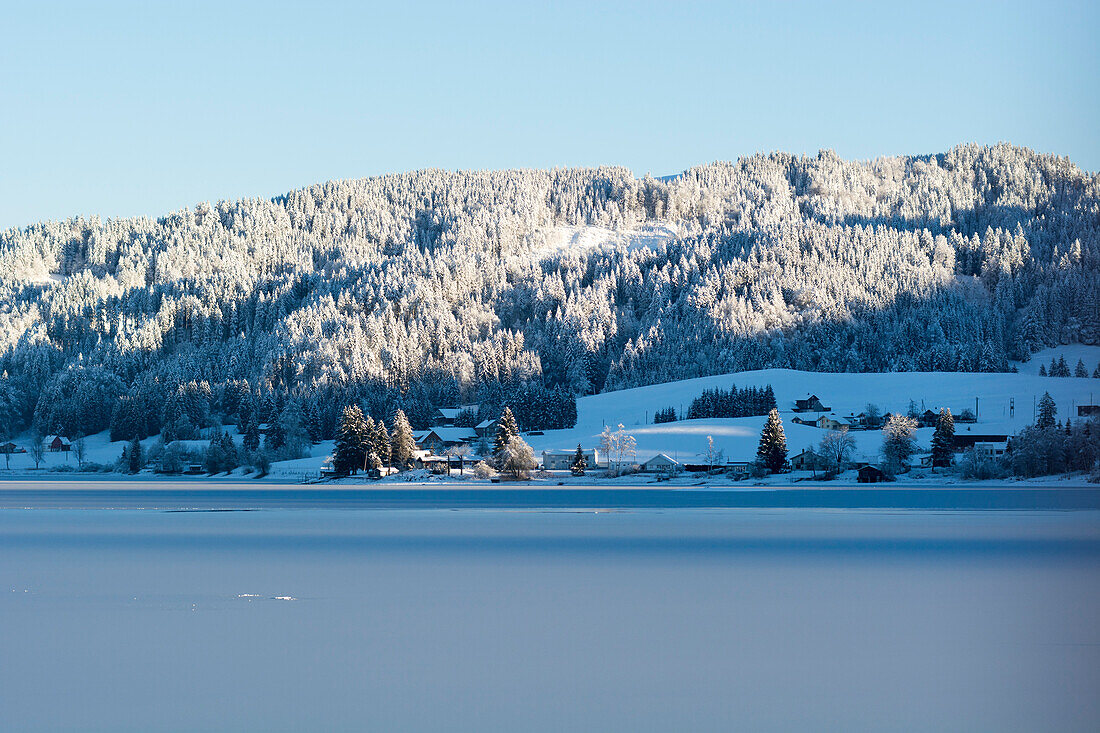 Frozen lake Sihl near Einsiedeln, canton of Schwyz, Switzerland