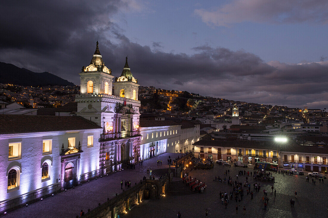 Church and Monastery of St. Francis at night, brightly illuminated, Iglesia y Convento de San Francisco, Quito, Ecuador