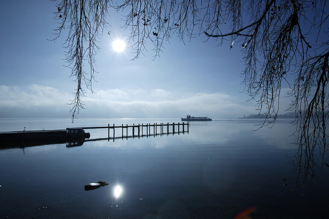 Pier in the moonlight, Fraueninsel, Chiemsee, Bavaria, Germany