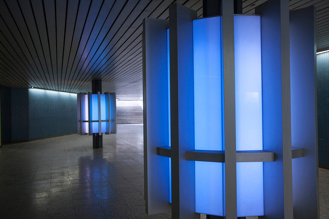 1960s style illumination in pedestrian subway, Maximilianstrasse, Munich, Bavaria, Germany