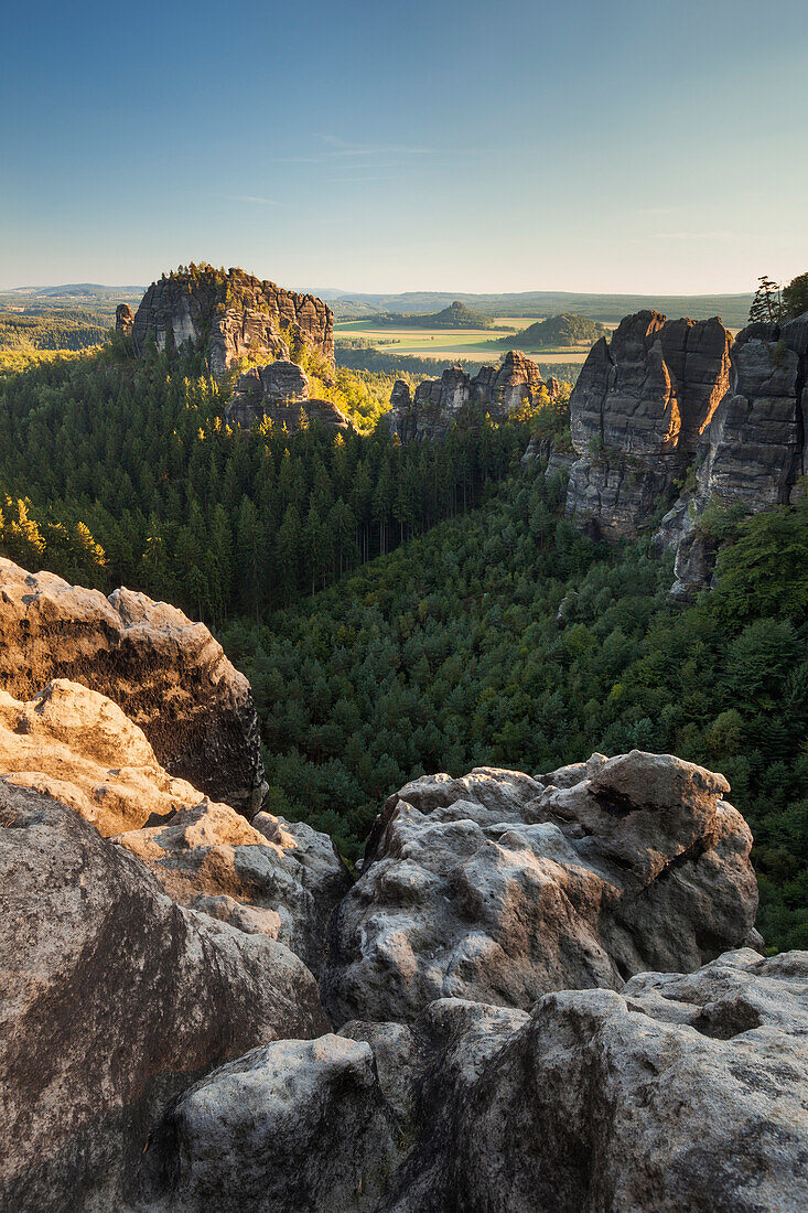 Ausblick über den Rauschengrund zum Rauschenstein in der Abendsonne im Sommer, Elbsandsteingebirge, Nationalpark Sächsische Schweiz, Sachsen, Deutschland