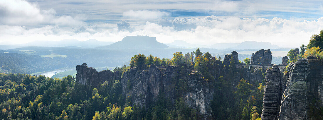 Panorama of Bastei in summer with Lilienstein, Koenigstein and the Elbe river in the background, Bastei, Rathen, Saxon Switzerland, Saxony, Germany