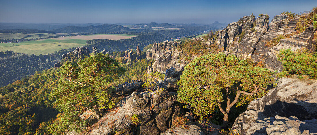 Panorama der Schrammsteine in der Morgensonne gesehen von der Elbtalaussicht, Nationalpark Sächsische Schweiz, Sachsen, Deutschland