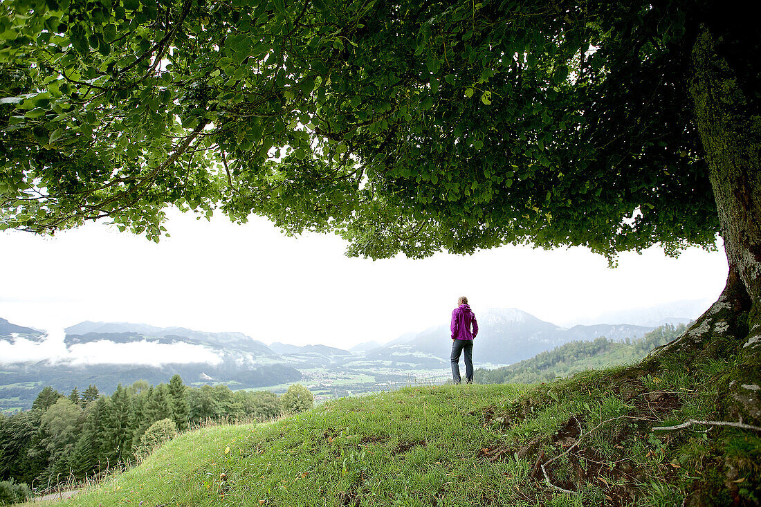 Woman enjoying view over mountain scenery, Chiemgau, Bavaria, Germany