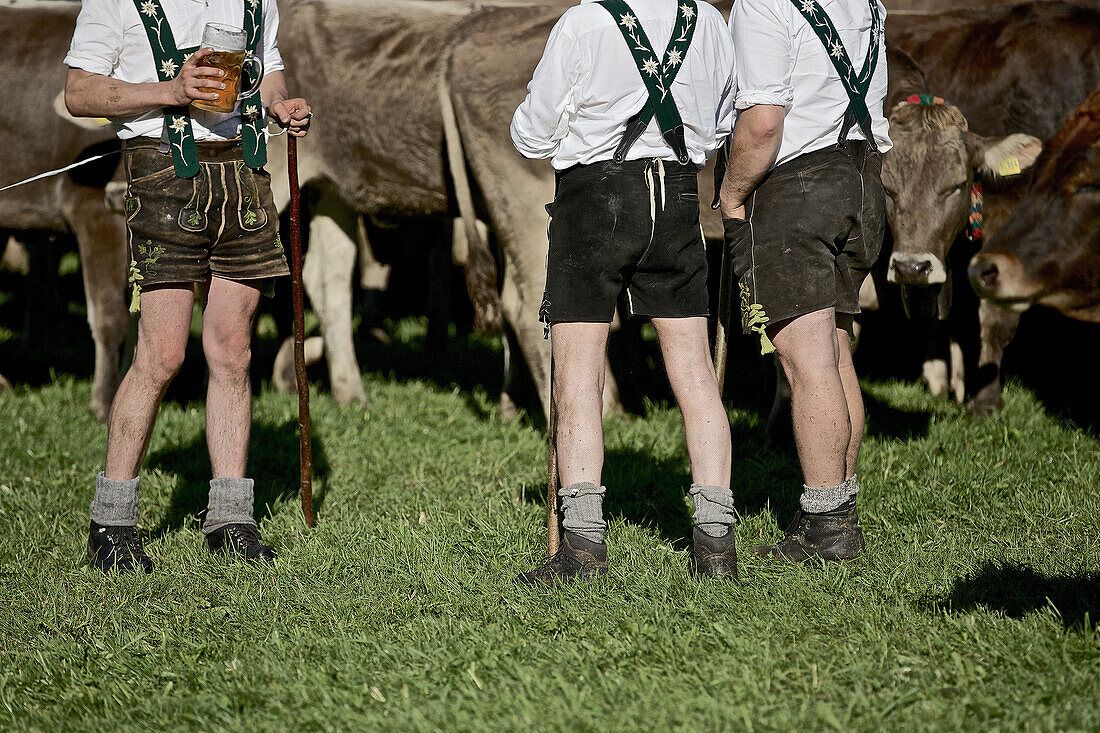 Men wearing traditional clothes having a break, Viehscheid, Allgau, Bavaria, Germany