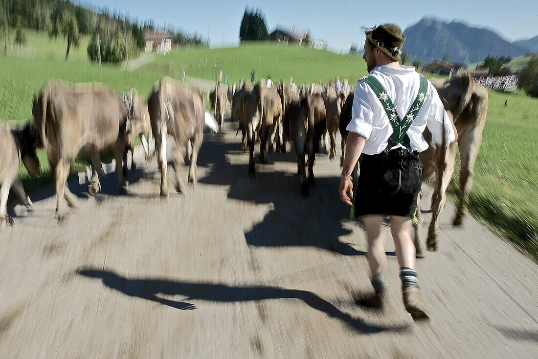 Man wearing traditional clothes, Viehscheid, Allgau, Bavaria, Germany