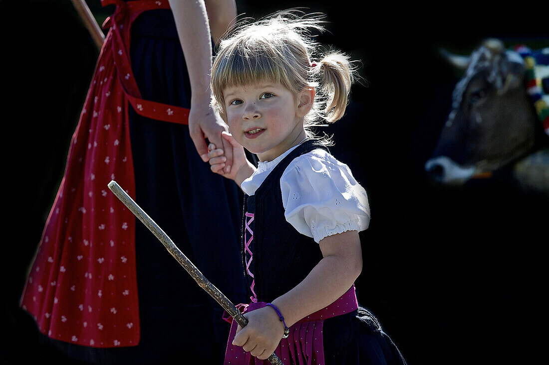 Girl wearing a dirndl, Viehscheid, Allgau, Bavaria, Germany