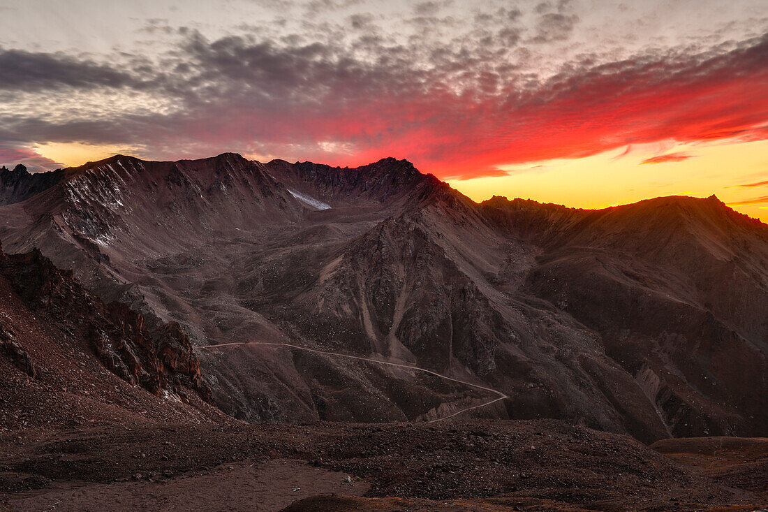 Sunset over camp in high mountains, Sailiski Alatau, National Park Ile Alatau, Almaty region, Kazakhstan, Central Asia, Asia