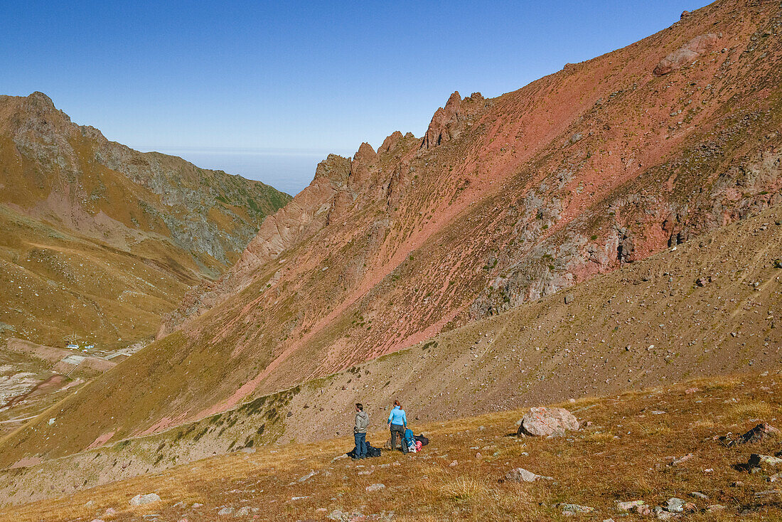 Hikers in National Park Ile Alatau, Almaty region, Kazakhstan, Central Asia, Asia