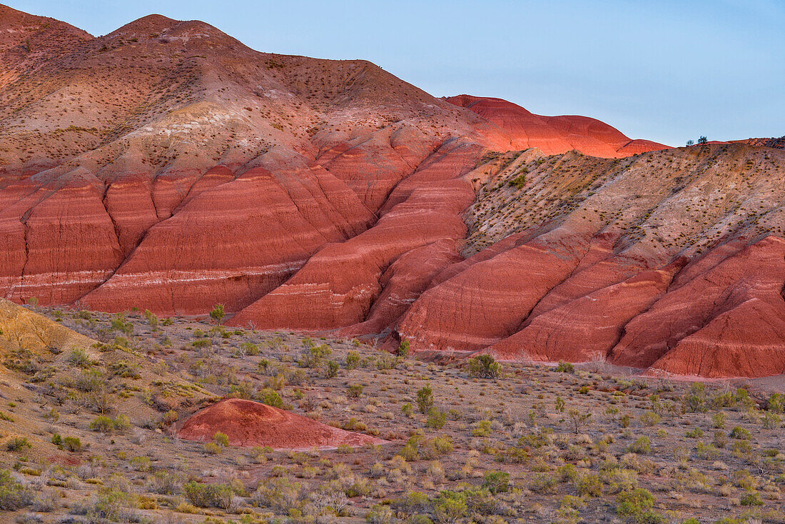 sunset in Aktau Mountains (White Mountains), desert landscape with colorful sandstone mountains, Altyn Emel National Park, Almaty Region, Kazakhstan, Central Asia, Asia