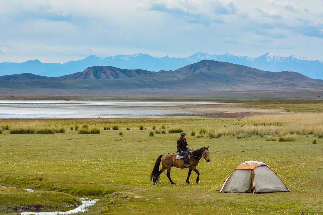 Alter Mann auf Pferd reitet an Zelt in der Steppe vorbei, Salzsee Tuzköl, Tuzkol, Tien Shan, Tian Shan, Region Almaty, Kasachstan, Zentralasien, Asien