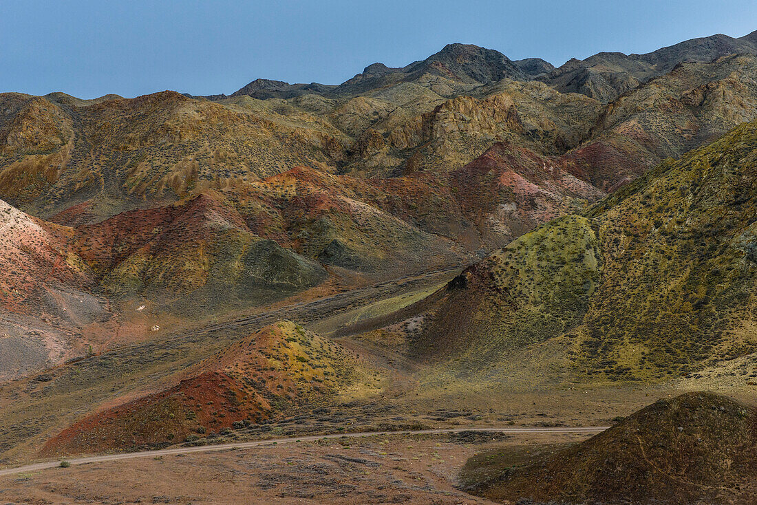 Track through colorful mountains at Sharyn Canyon, Sharyn National Park, Almaty region, Kazakhstan, Central Asia, Asia