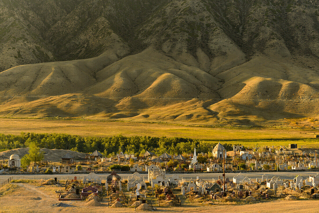 Cemetry of village Saty in front of mountain scenery, Tien Shan Mountains, Tian Shan, Almaty region, Kazakhstan, Central Asia, Asia