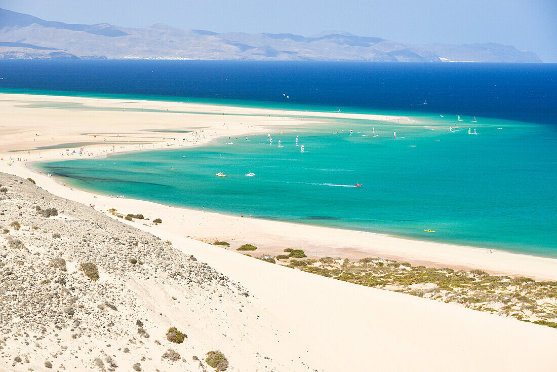 Sand dunes and beach, Playas de Sotavento de Jandia, Risco del Paso, Fuerteventura, Canary Islands, Spain