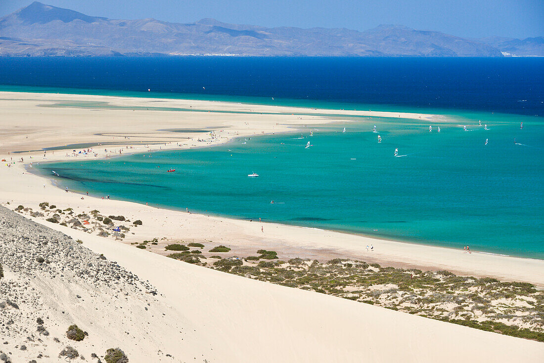 Sand dunes and beach, Playas de Sotavento de Jandia, Risco del Paso, Fuerteventura, Canary Islands, Spain