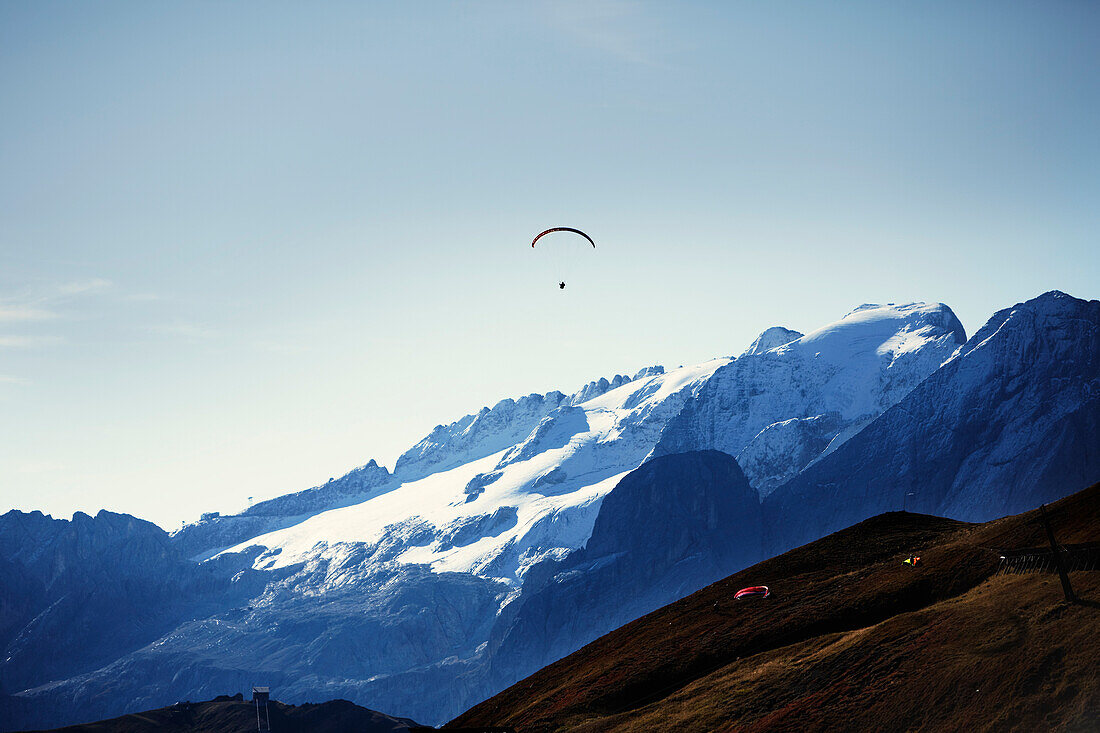 Gleitschirmflieger am Sellajoch, Marmolata Gletscher im Hintergrund, Dolomiten, Trentino, Italien