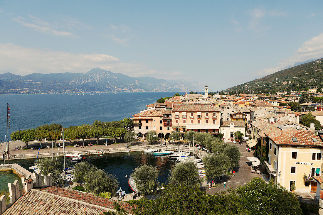 View over old town to the Lake Garda, Torri del Benaco, Veneto, Italy