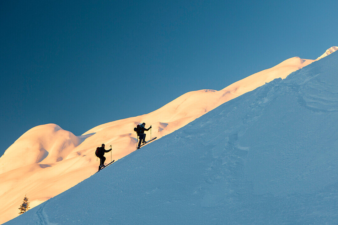 Backcountry skiers at sunrise in the Tennengebirge mountains, Salzburg, Austria