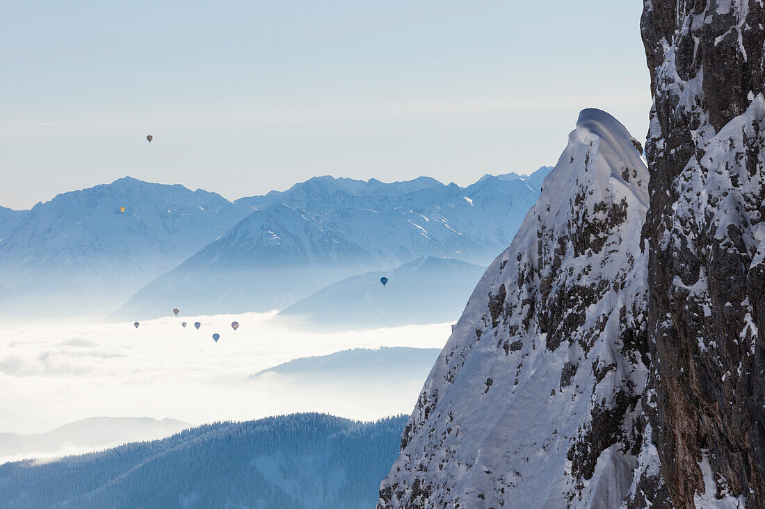 hot-air ballons above Enns valley, seen from Tennengebirge mountains, Salzburg, Austria