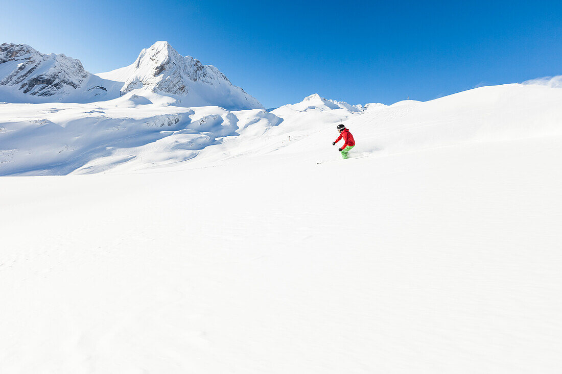 Skifahrer im Tiefschnee am Zugspitzplatt, Oberbayern, Deutschland