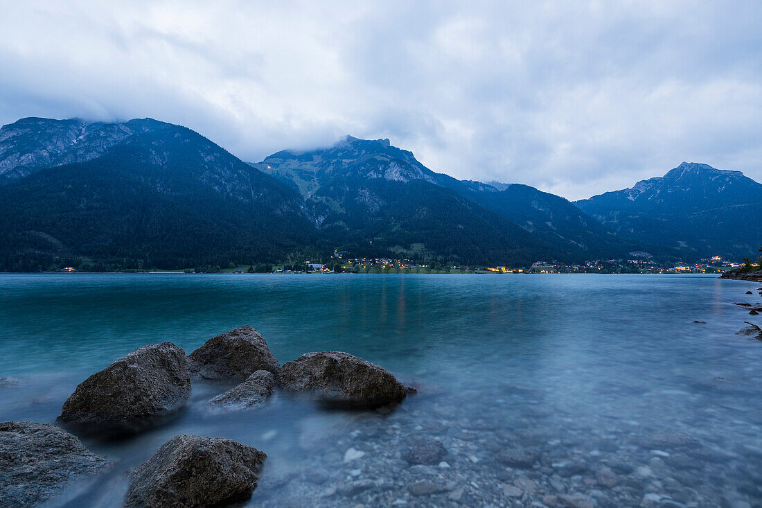 Lake Achensee, Maurach und Rofan mountains at dusk, Tirol, Austria