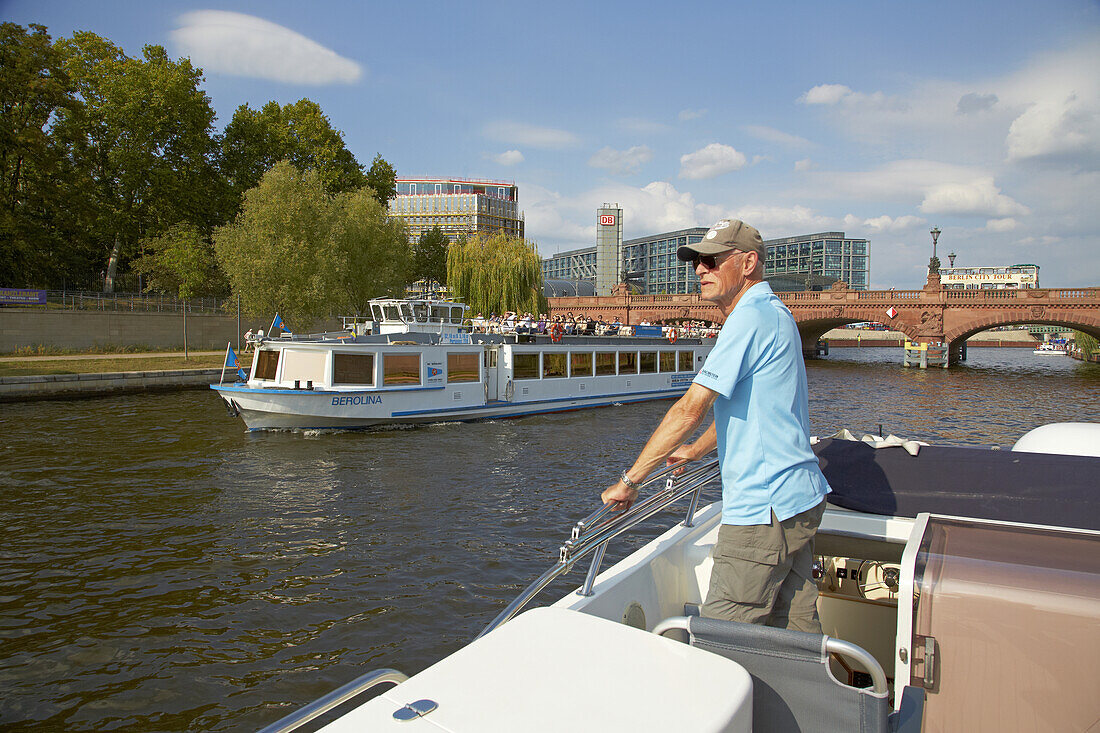 Tour by houseboat along the river Spree in Berlin at the central station, Germany, Europe