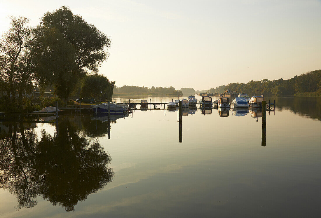 Houseboats on the river Havel at Ketzin marina, Brandenburg, Germany, Europe