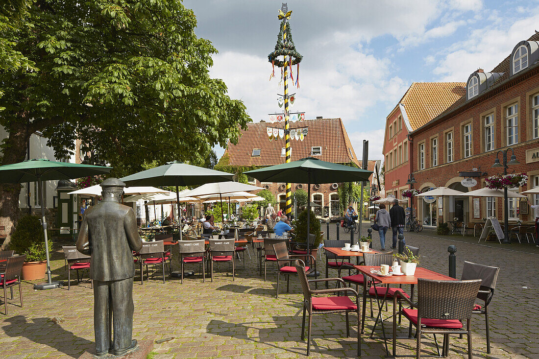 Market place with open air cafés at Telgte , Muensterland , North Rhine-Westphalia , Germany , Europe
