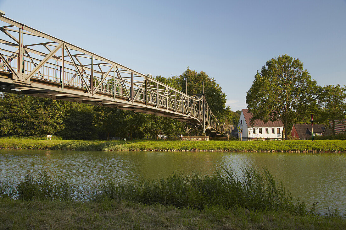Bridge for pedestrians at the Nasses Dreieck , Bergeshoevede , Dortmund-Ems-Kanal ,  Muensterland , North Rhine-Westphalia , Germany , Europe