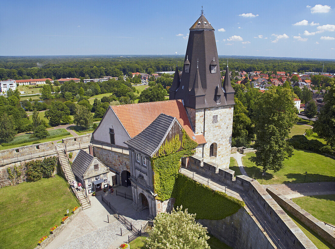 Bentheim Castle , Upper Gate-house and church (Katharinenkirche) , Bad Bentheim , Muensterland , Lower Saxony , Germany , Europe