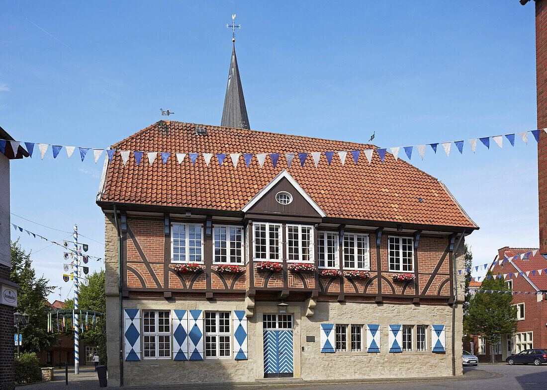 Historic town hall at Horstmar, Muensterland , North Rhine-Westphalia , Germany , Europe