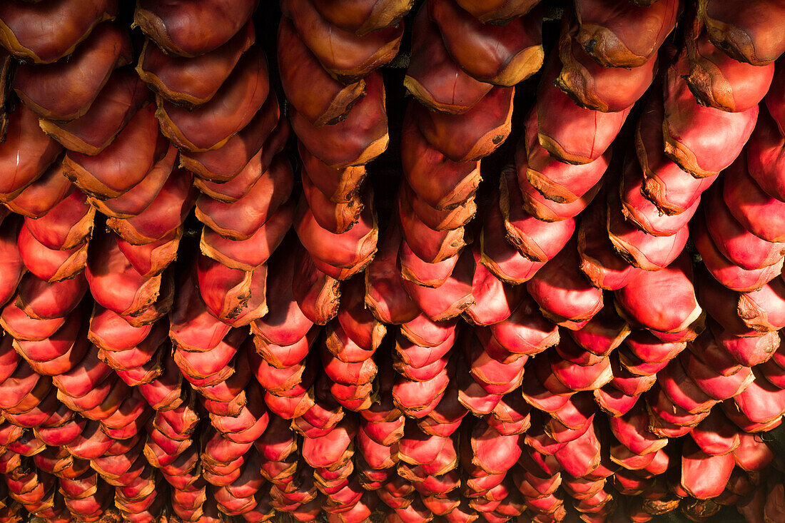 Traditional smoked ham, smoking cottage, Harmsdorf, Baltic Coast, Schleswig-Holstein, Germany