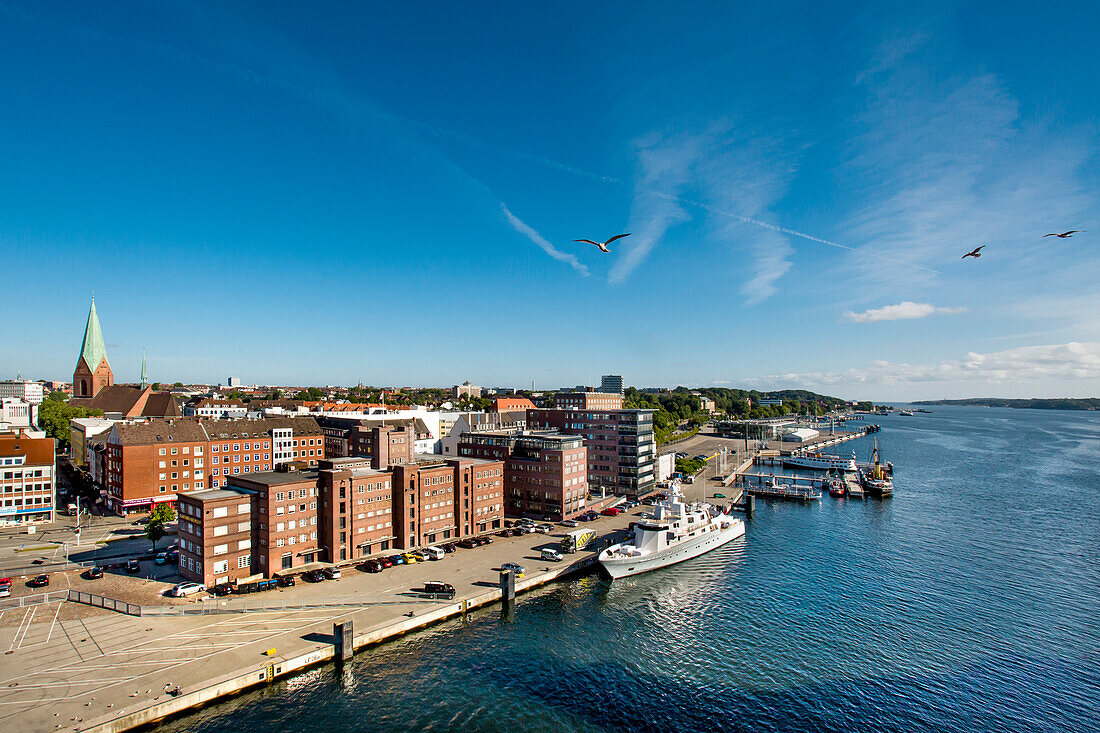 View towards city centre from a ship, Kiel, Baltic Coast, Schleswig-Holstein, Germany