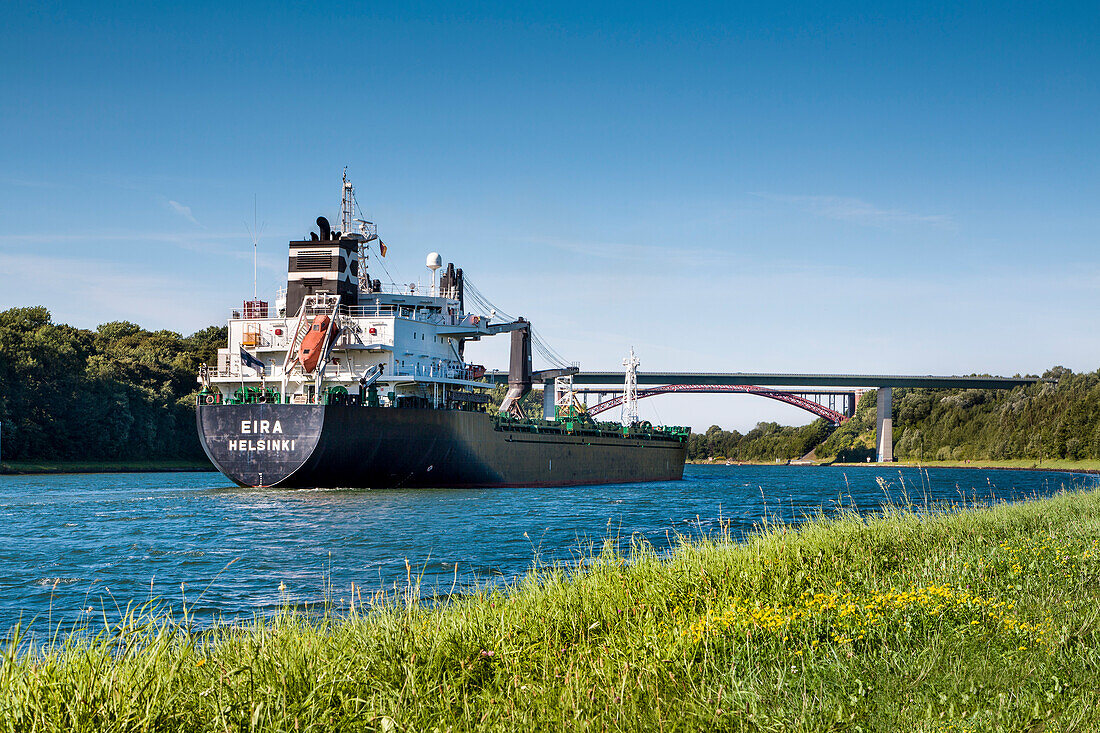Container ship on the Kiel canal, Kiel, Baltic Coast, Schleswig-Holstein, Germany