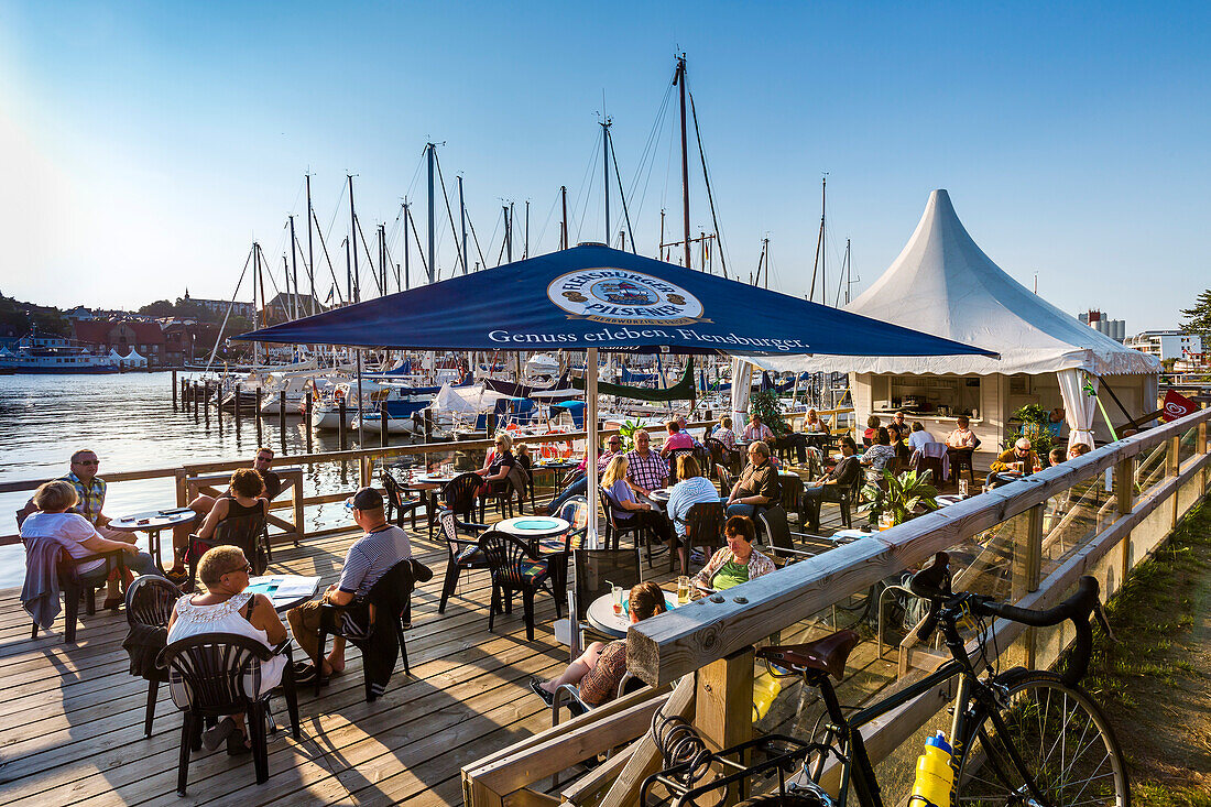 Cafe at on the waterfront, Flensburg, Baltic Coast, Schleswig-Holstein, Germany