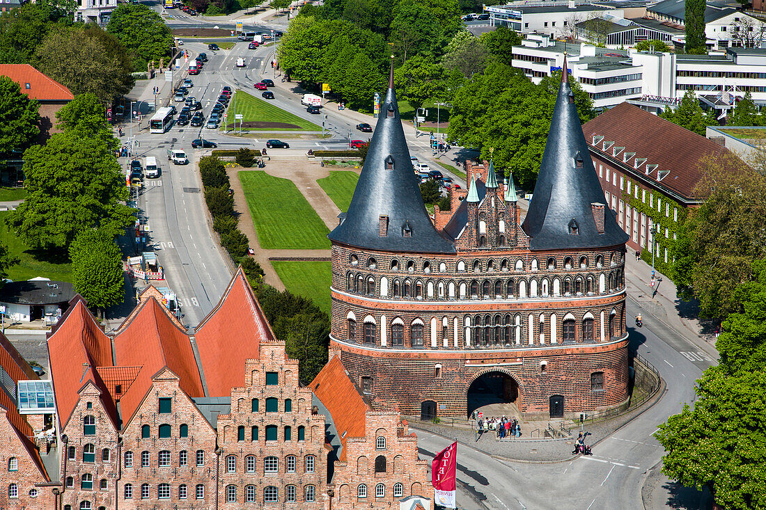 View towards the city gate Holstentor, Hanseatic City, Luebeck, Schleswig-Holstein, Germany
