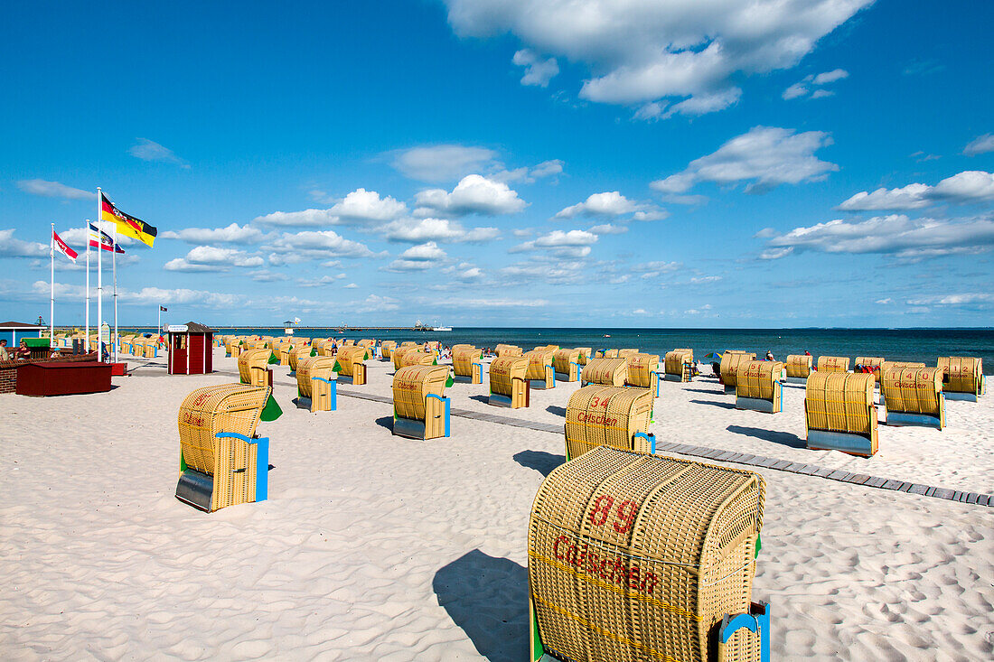 Beach with beach chairs, Groemitz, Baltic Coast, Schleswig-Holstein, Germany