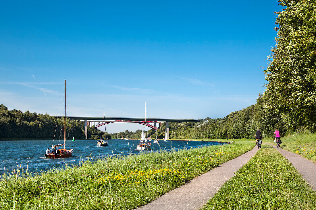 Sailing boats on the Kiel canal, Baltic Coast, Schleswig-Holstein, Germany