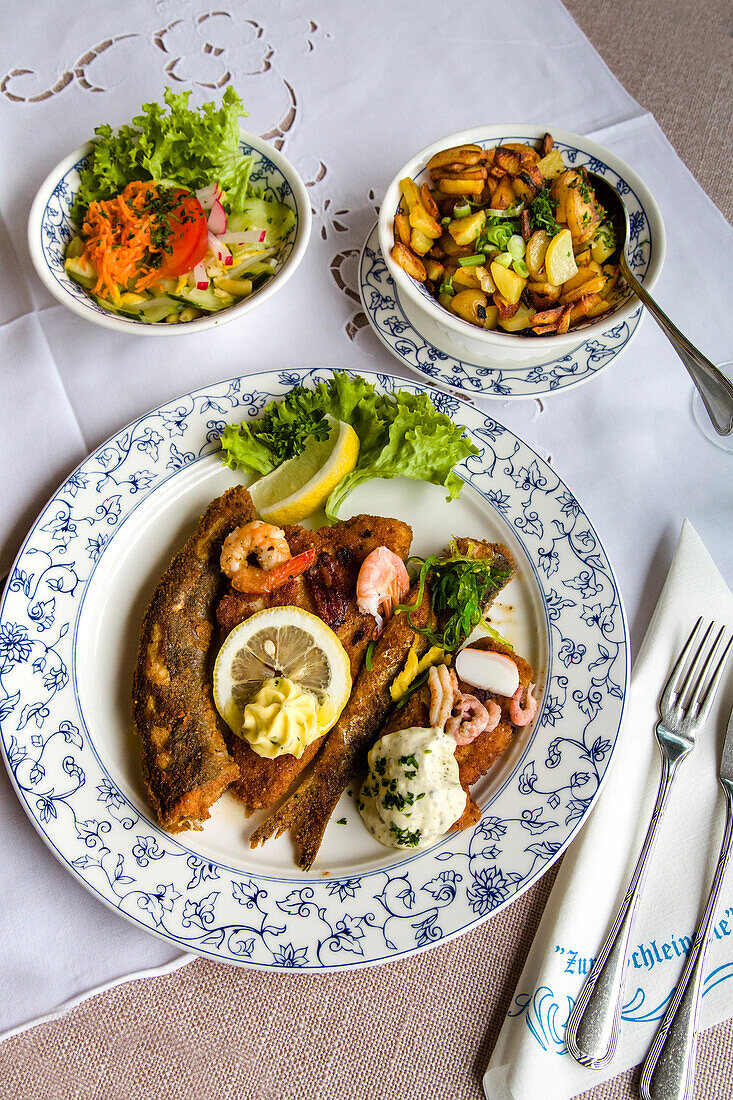 Fish dish, Restaurant, Arnis, Schlei fjord, Baltic Coast, Schleswig-Holstein, Germany