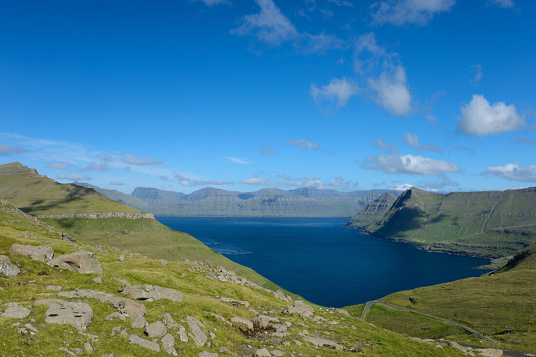 Fjord landscape near Gjogv, Eysturoy Island, Faroe Islands