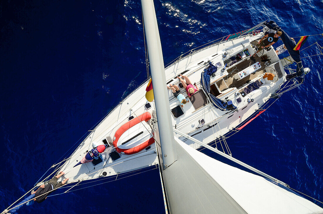 View from the masthead onto the deck of a sailing yacht, Mallorca, Balearic Islands, Spain, Europe