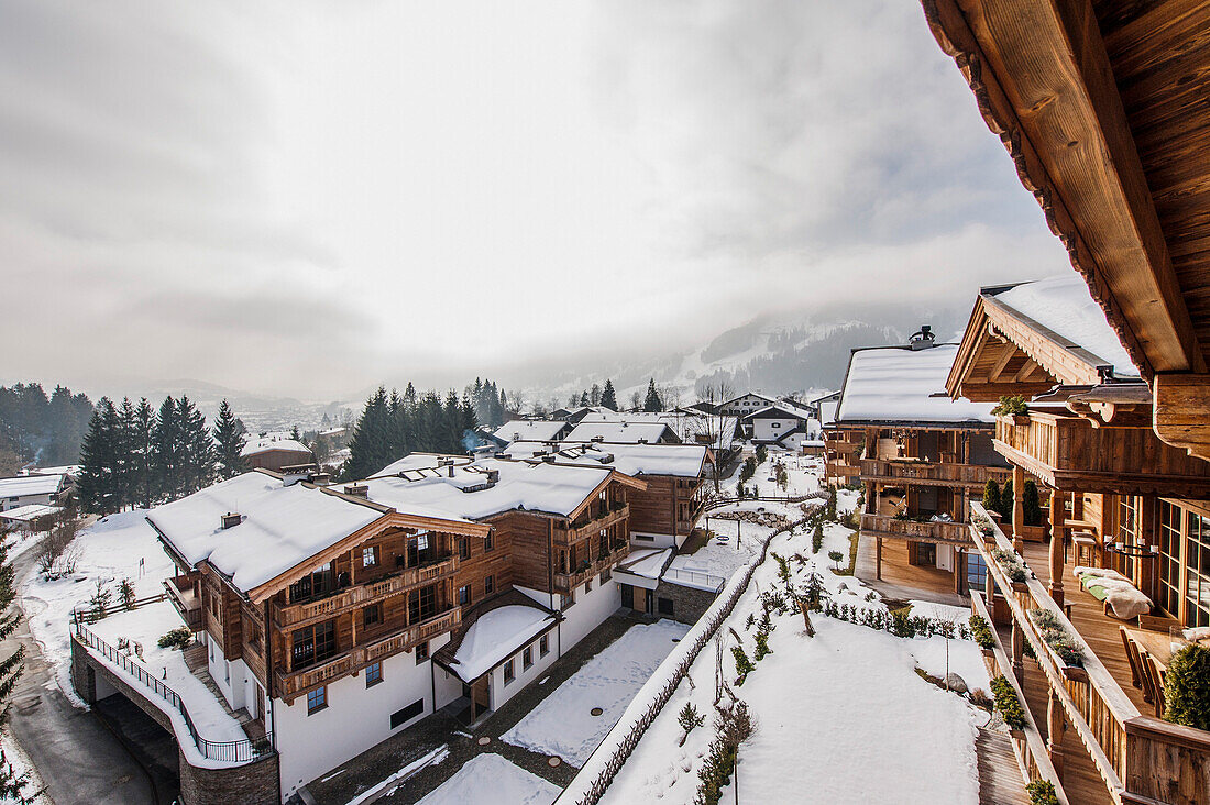 view to Kitzbuehel of the penthouse terrace in a modern alpine style, Kitzbuehel, Tyrol, Austria, Europe