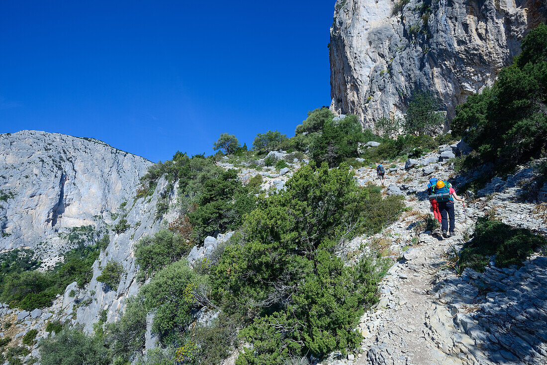 Zwei junge Frauen und ein junger Mann wandern durch das Küstengebirge, Selvaggio Blu, Sardinien, Italien, Europa