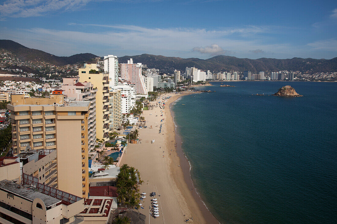 Overhead of high-rise hotels on El Morro beach, Acapulco, Guerrero, Mexico