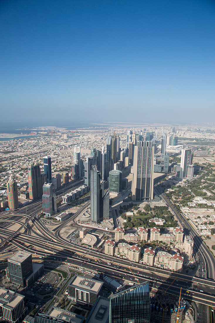 View across skyline from At The Top observation deck on level 124 of Burj Khalifa tower, Dubai, Dubai, United Arab Emirates