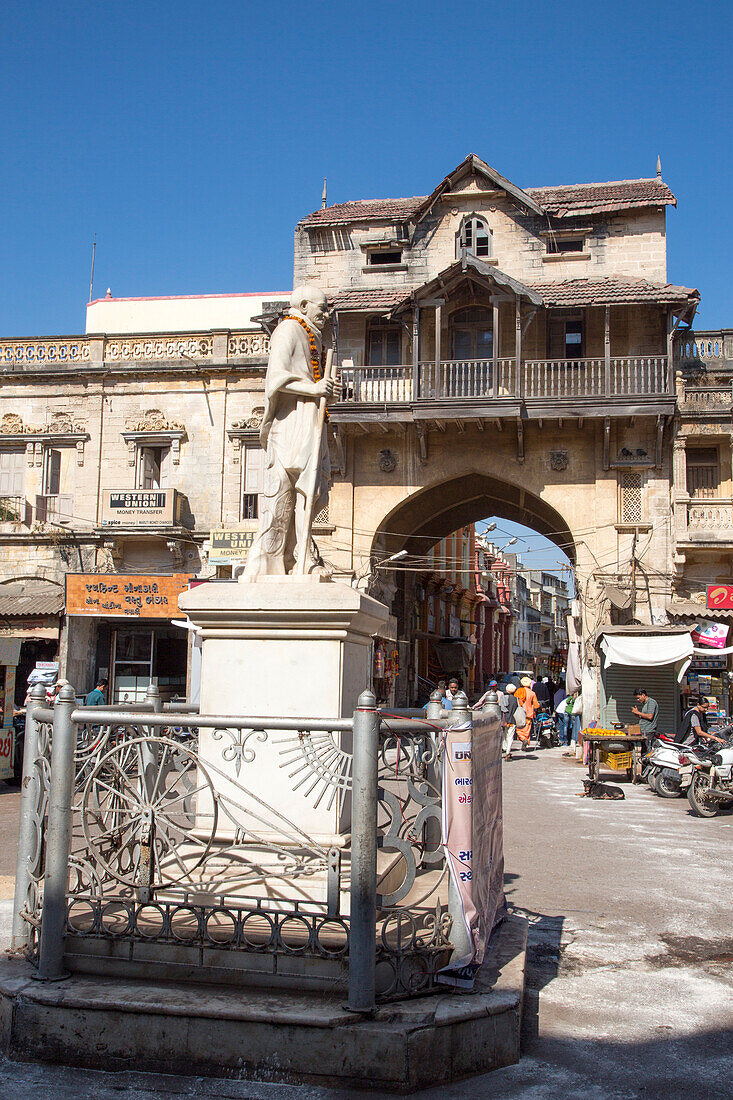 Statue of Mahatma Gandhi in front of his former house, Porbandar, Gujarat, India