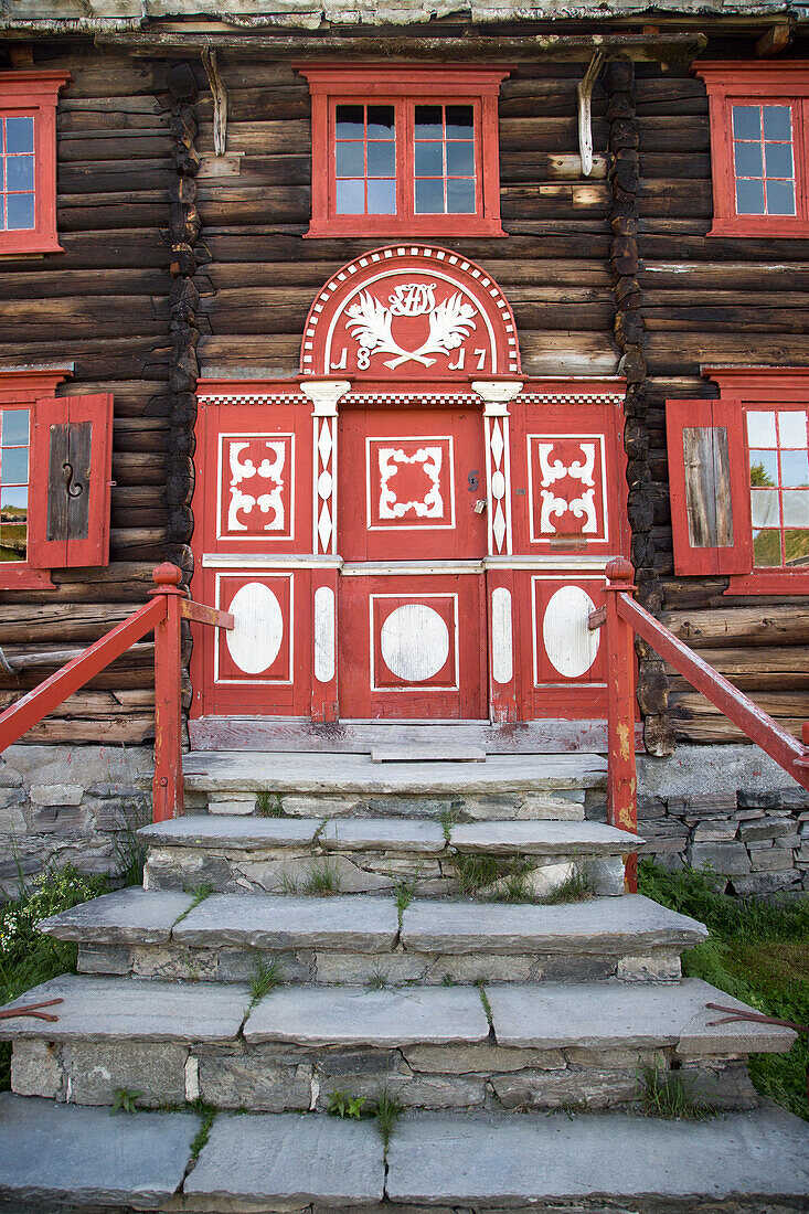 Ornamental door on wooden building at Sverresborg Trøndelag Folk Museum, Trondheim, Sør-Trøndelag, Norway