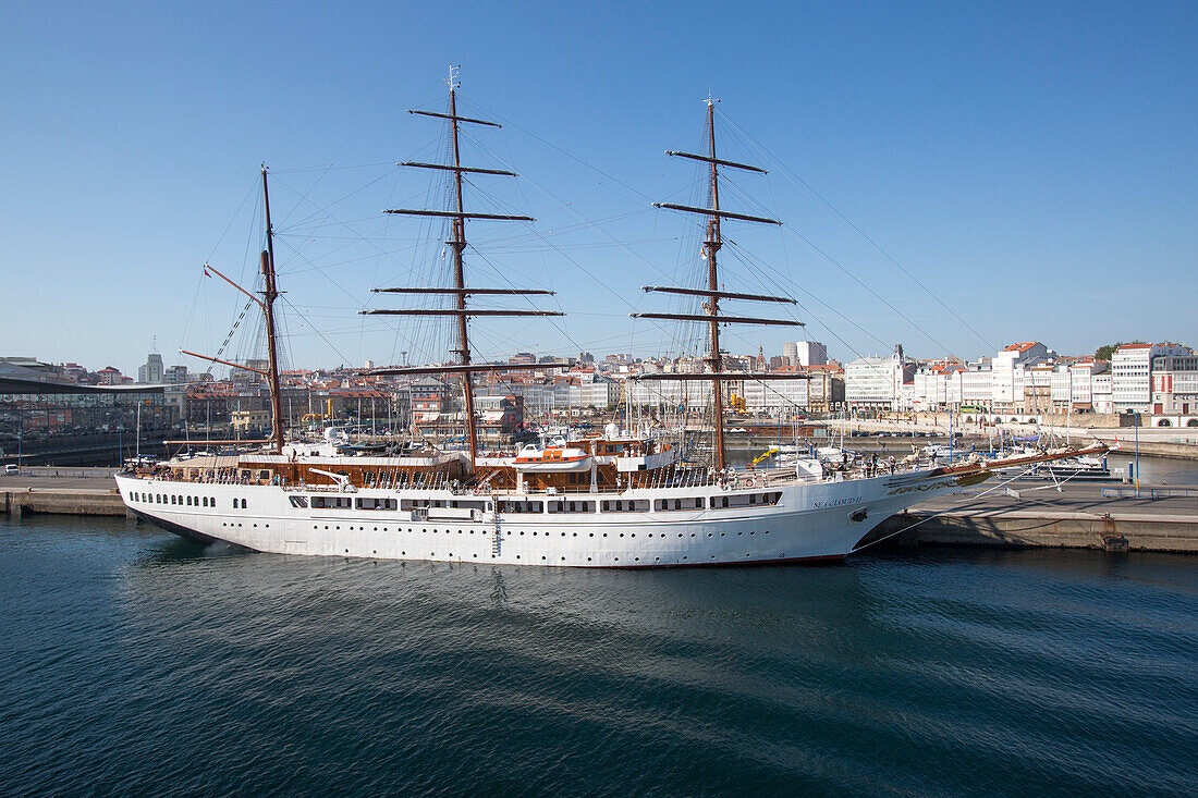 Sailing cruise ship Sea Cloud II (Sea Cloud Cruises) at pier, Corunna (La Coruna), Galicia, Spain