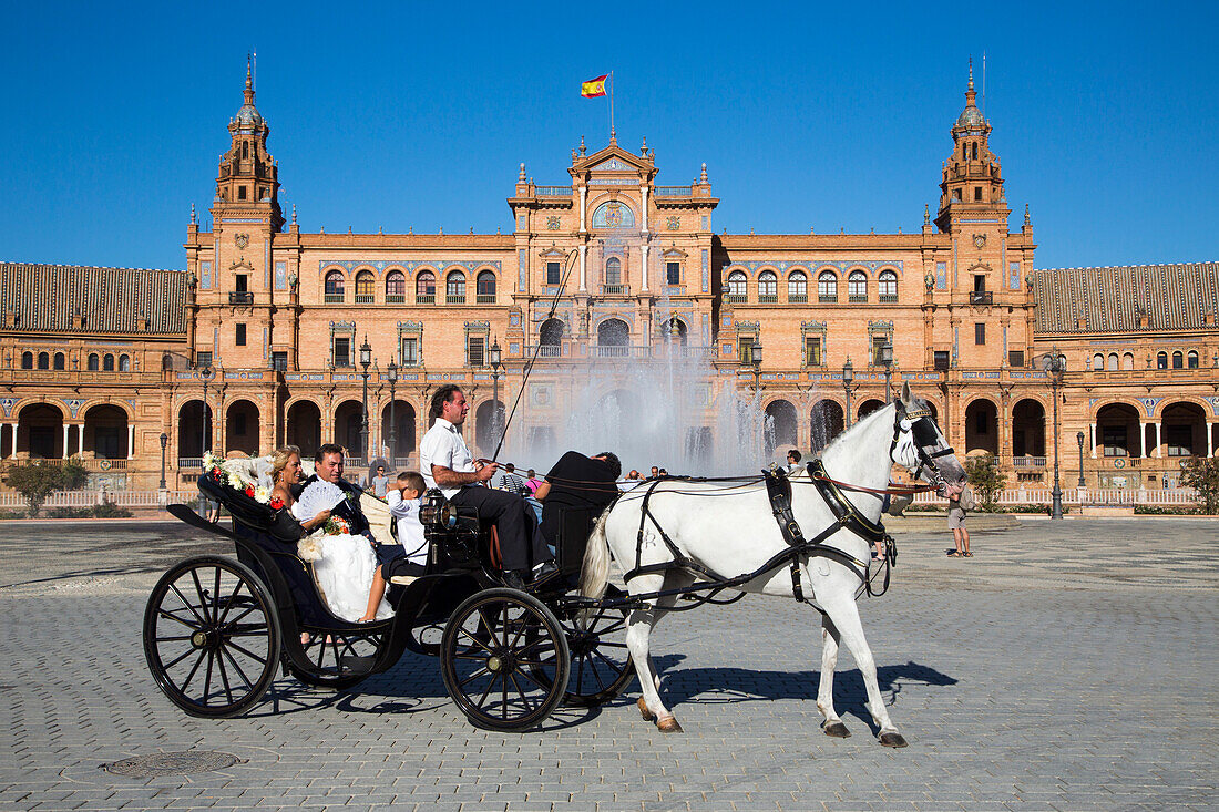Hochzeitspaar in einer Kutsche an der Plaza de Espana im Maria Luisa Park, Sevilla, Andalusien, Spanien, Europa